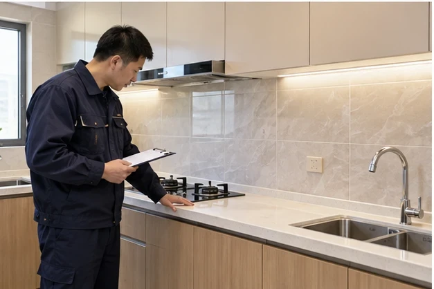 厨房台面与邻近柜体外观核对